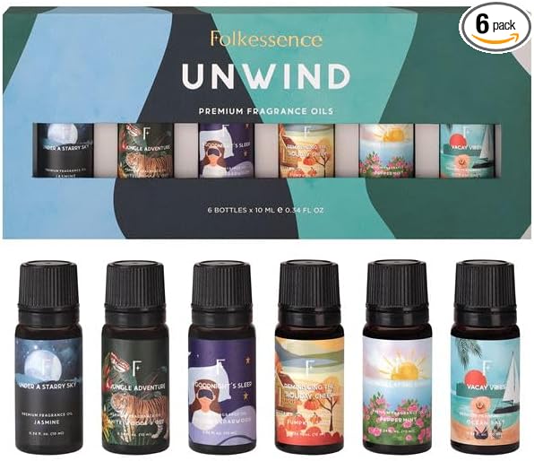 Folkulture Essential Oil for Diffuser for Home | Set of 6 Essential Oils for Candle Making | Fragrance Oils for Gifts for Her - Ocean Salt & Jasmine Oils for Relaxation and Aromatherapy