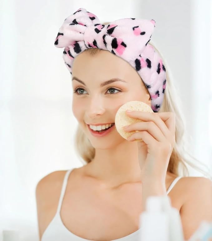 Huachi Pink Leopard Soft Microfiber Spa Headbands for Women Washing Face, Cute Skincare Headband with Bow, Face Wash Headbands for Teen Girls, Party Favors Bow Hair Band