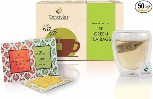 Octavius Green Tea Sampler Pack – 50 Premium Tea Bags, 3 Flavors: Cinnamon Anise, Lemon, Pure Green | Detox, Weight Loss, Antioxidants | Herbal Green Tea Variety Pack