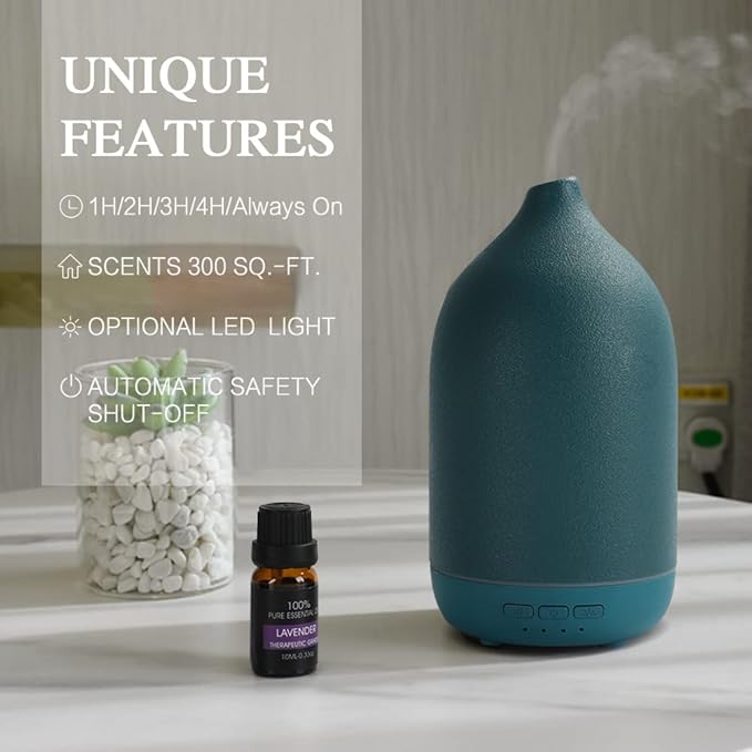Essential Oil Diffusers, Aromatherapy Diffuser for Essential Oils, 100ml Ceramic Oil Diffusers for Large Room - 5 Timers, Warm Ambient Light, Auto-Off