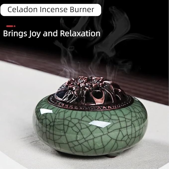 Ceramic Incense Burner Set with Brass Gourd Holder, Smudging Bowl for Incense Sticks, Cones, Sage, Frankincense & Palo Santo, Portable Ash Catcher for Home, Meditation, Yoga and Gift Giving (08)