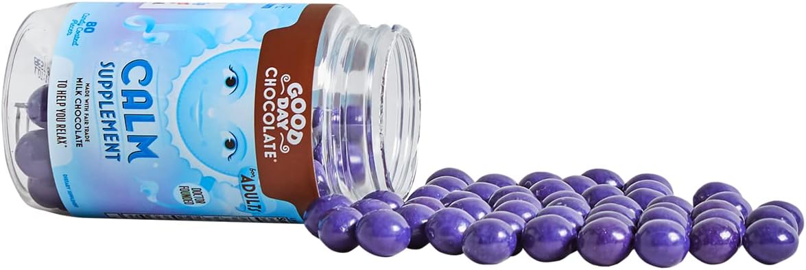 Good Day Chocolate Natural Calming Supplement for Adults, Blend of Camomile, Theanine, Magnesium, Fair Trade and Non-GMO Chocolate, 50 Pieces