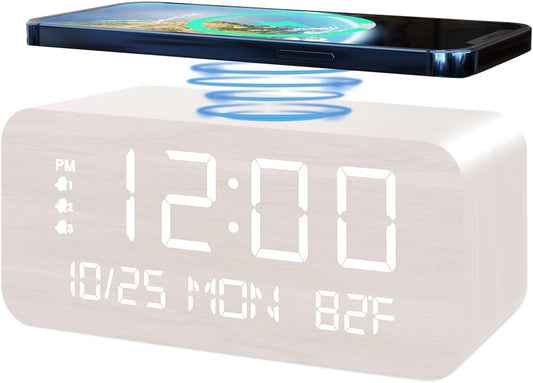 Digital Alarm Clock, with Wooden Electronic LED Time Display, 3 Alarm Settings, Humidity & Temperature Detect, Wood Made Electric Clocks for Bedroom, Bedside, Desk (White-Wireless)