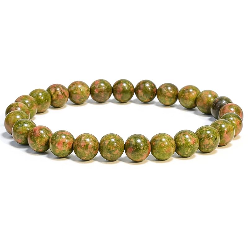 Genuine Unakite Bracelet, Natural Healing Crystal Bracelet for Women and Men, 8mm Round Beaded Bracelet for Relieve Stress, Depression, love, Elastic Adjustable Size Gemstone Bead Bracelet