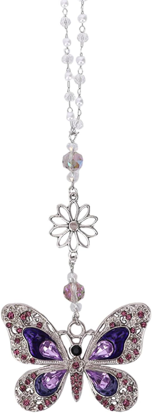 Car Mirror Hanging Accessories - Purple Butterfly Crystal Rhinestone Pendant for Rear View Mirror, Cute Car Interior Accessory for Women, Gift for Driver Mom Friends
