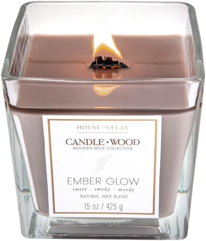 Candle Wood Collection, 15 oz, 1 Wooden Wick, Ember Glow, Square Glass Jar Candle