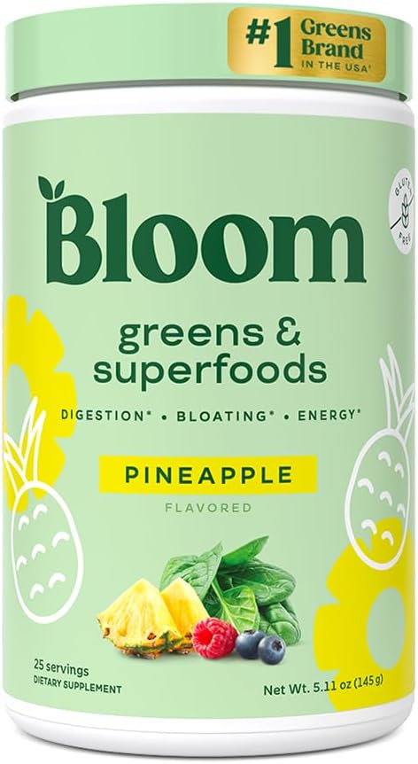 Bloom Nutrition Superfood Greens Powder, Digestive Enzymes with Probiotics and Prebiotics, Gut Health, Bloating Relief for Women, Chlorella, Green Juice Mix with Beet Root Powder, 25 SVG, Pineapple