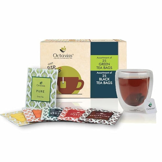 Octavius Tea Bags Variety Pack | 6 Flavors of Black Tea & Green Tea | Herbal Tea Sampler Box | Tea Gift Set | Assorted 50 Teabags | Pack of 1