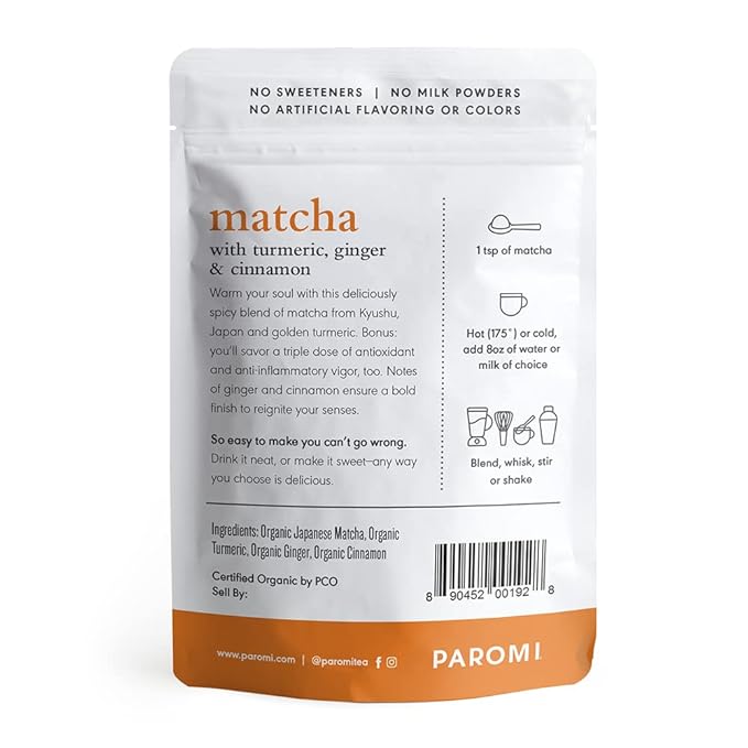 Paromi Tea Matcha with Turmeric, Ginger & Cinnamon 35 Grams, Organic Stone-Ground Organic Green Tea, Serve Hot or Iced, Blend, Whisk, Stir, or Shake into Water or Milk