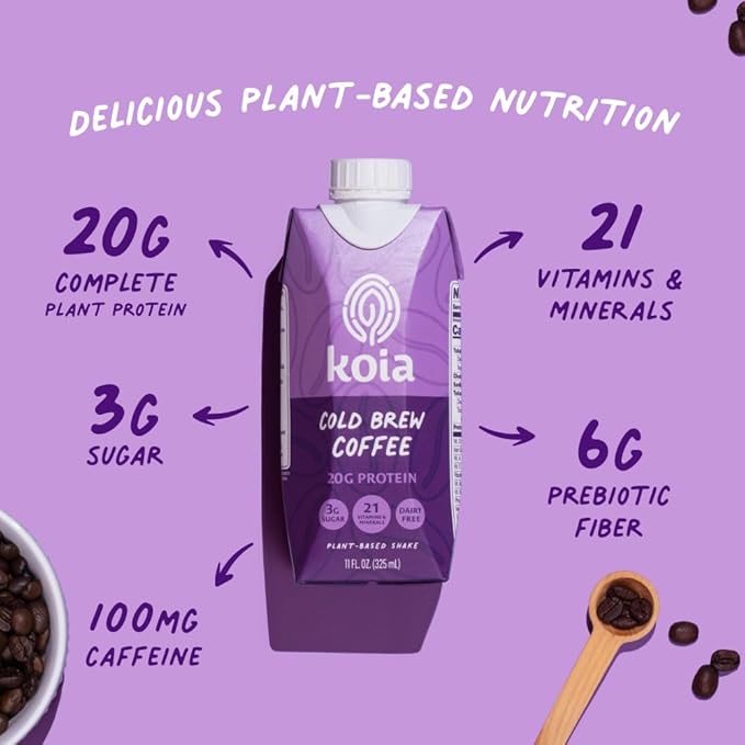 Koia Plant Based Protein Shake, Cold Brew Coffee, 20g Protein, 3g Sugar, 6g Prebiotic Fiber, 21 Vitamins & Minerals, Meal Replacement Drinks, Dairy-Free, Gluten-Free, Non-GMO, 11 Fl Oz (Pack of 12)