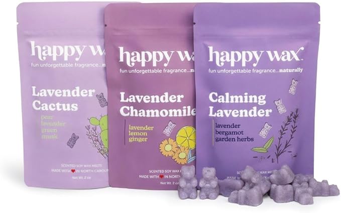 Happy Wax Lavender Lovers Collection Scented Natural, Non Toxic Soy Wax Melts – 6 Total Oz. - Includes: LavenderCactus, LavenderChamomile and CalmingLavender