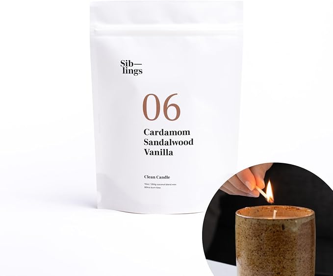Siblings Candle Making Kit | DIY Coconut-Soy Wax Candle Kit with Wooden Wick | Scent No 06: Cardamom, Sandalwood, Vanilla | Clean, Non-Toxic, Reusable, 60 Hr Burn