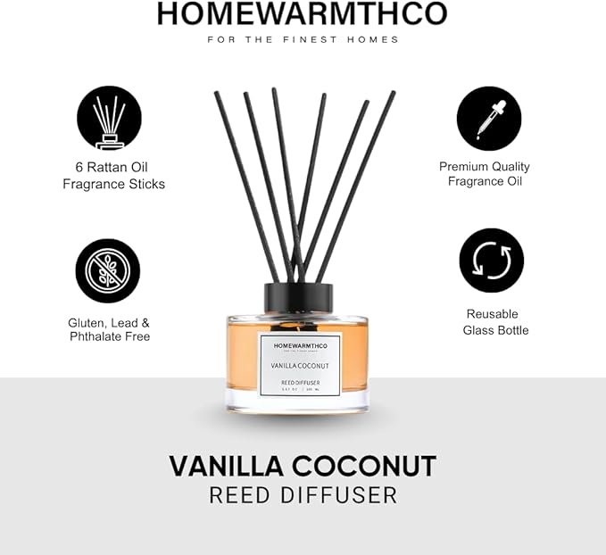 Vanilla Coconut Reed Diffuser Set - Luxury Fragrance Reed Diffusers for Home, Office & Bathroom Décor - Long Lasting Scent Sticks Diffuser with Non-Toxic Oils (5.63 oz)
