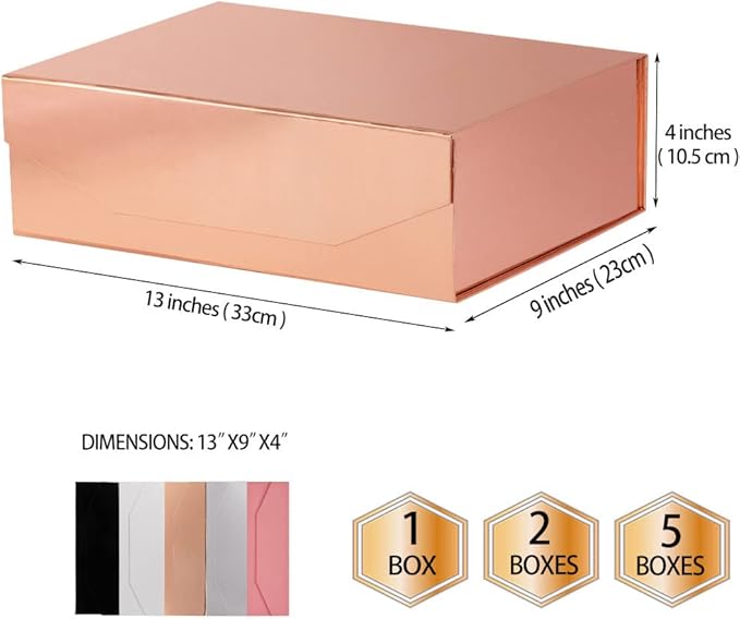 2 Rose Gold Large Gift Box with Lid 13x9x4 Inches, Gift Box Large with Magnetic Closure, Bridesmaid Proposal Boxes, Hard Collapsible Groomsman Boxes (Glossy Rose Gold)