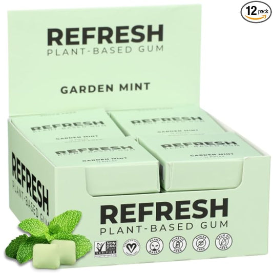 Refresh Gum, Xylitol, Natural, Sugar Free, Plastic Free, Natural Flavors & Organic Ingredients, Plant-Based, Low Calorie, Non GMO, Gluten Free, Vegan, Garden Mint Flavor, 12 Pcs, 12 Pack