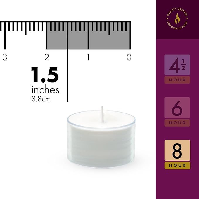 Lerner Tealight Candles in Clear Cups, 200 Count | 8 Hour Long-Burning White Tea Light Candles | Non-Toxic, Smokeless & Soot-Free