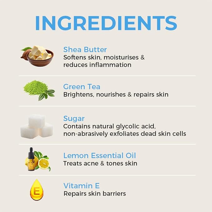 Leal Tropical Exfoliating Body Sugar Scrub, Green Tea Lemon Sugar Face Scrub, Face Polish, Tan Sugar Scrub, Whipped Foaming Vegan Scrub, Sulfate free, Whipped soap scrub dead skin-200 g