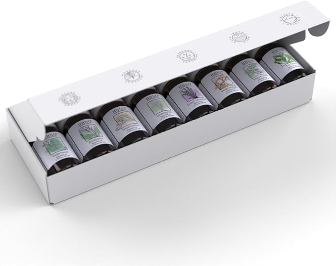 HBNO Essential Oils Set (10ml) - Top 8 Essential Oils. Ideal for Aromatherapy, Soap Making, and More - Cedarwood, Eucalyptus, Frankincense, Lemongrass, Lavender, Orange, Peppermint, Tea Tree