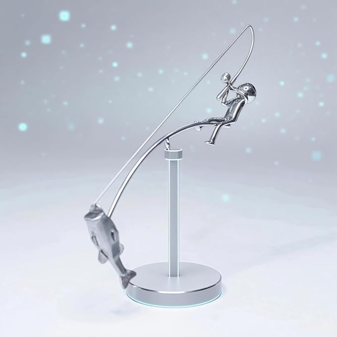 Kinetic Fishing Sculpture - Balance Art for Your Space, Kinetic Fishing Sculpture, Fisherman Home Decoration, Stainless Steel Balance Physics Toy (1PC*Silver)