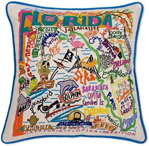Catstudio Florida Embroidered Pillow - U.S. State Souvenir Decorative Throw Pillow with Original Artwork for Florida Lovers, Travel Souvenir