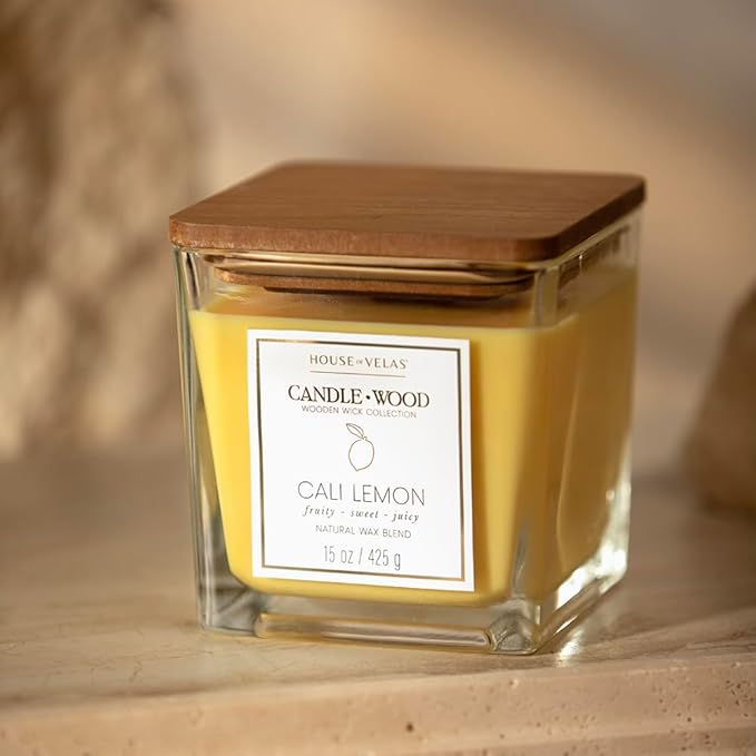 Candle Wood Collection, 15 oz, 1 Wooden Wick, Cali Lemon, Square Glass Jar Candle