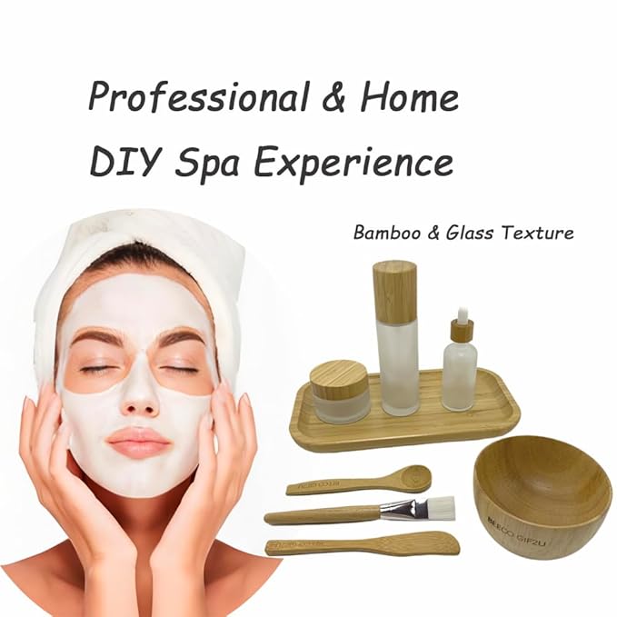 Face Mask Mixing Bowl Set Bamboo,8 Pcs Diy Facemask Mixing Tool Kit With Facial Mask Bowl,Spatula,Spoon,Brush,Empty Refilable Lotion Pump Bottle,Cream Jar and Dropper Bottle and Tray