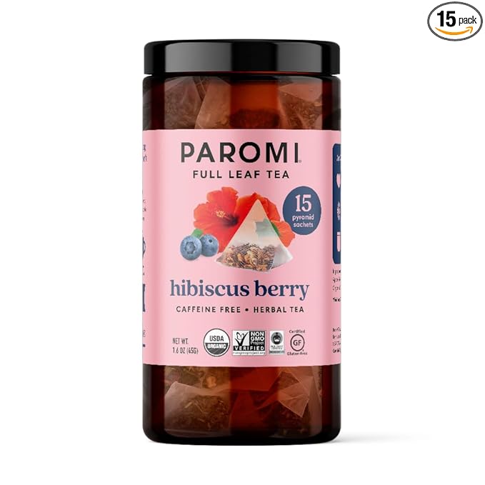 Paromi Hibiscus Berry Organic Herbal Tea, Signature Jar, 15 Count
