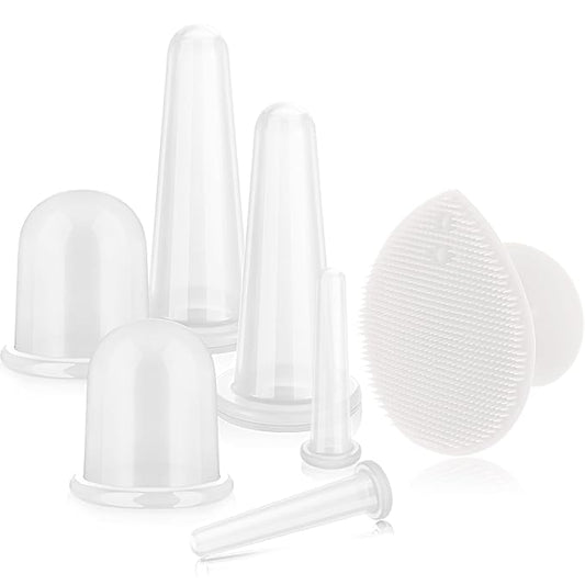 BBTO Silicone Facial Cupping Set, Vacuum Massage Cup Kit for Body, Face, Neck, Back, and Eye, 6 Cups and Exfoliating Brush (Clear)