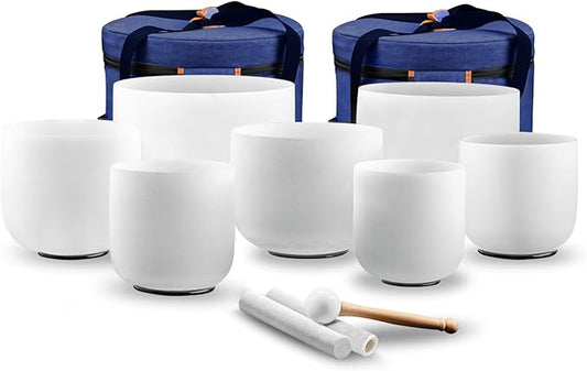 KRESEC 440Hz 6-12 Inch Crystal Singing Bowls Set of 7 – Chakra Tuned Quartz Sound Bowls for Meditation, Yoga, Reiki & Healing with Padded Cases, Suede Mallets & Silicone O-Rings