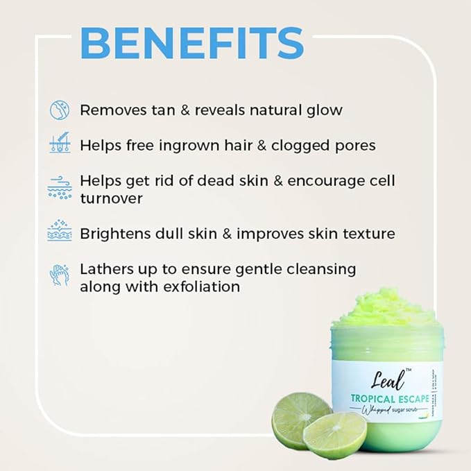 Leal Tropical Exfoliating Body Sugar Scrub, Green Tea Lemon Sugar Face Scrub, Face Polish, Tan Sugar Scrub, Whipped Foaming Vegan Scrub, Sulfate free, Whipped soap scrub dead skin-200 g