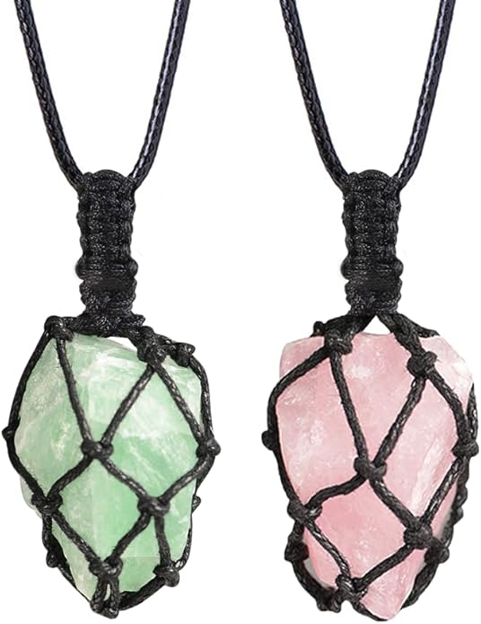 Handmade Natural Gemstone Crystal Pendant Necklace Stone Holder Necklace Cord Net Necklace with Adjustable Length for Women Men