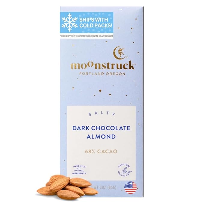 Moonstruck Chocolate Dark Chocolate Bar with Sea Salt and Almonds, 68% Cacao, 3.0oz (Pack of 1)