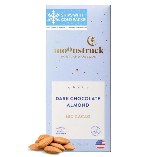 Moonstruck Chocolate Dark Chocolate Bar with Sea Salt and Almonds, 68% Cacao, 3.0oz (Pack of 1)