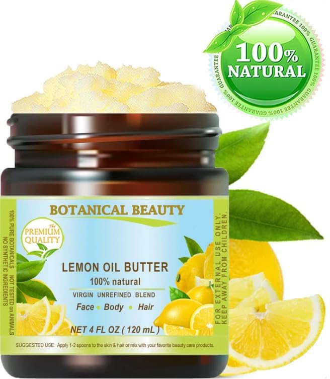 Botanical Beauty LEMON OIL BUTTER 100% Natural Pure VIRGIN UNREFINED RAW Cold Pressed. Lemon essential Oil, Shea Nut Butter Butyrospermum Parkii for Face, Skin, Body, Hair, Nails (4 Fl Oz)