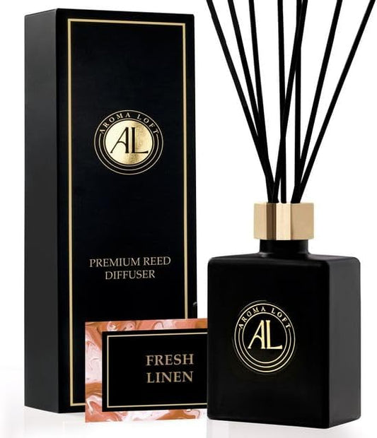 Fresh Linen Reed Diffuser Set - Oil Room Scent Sticks - Non-Toxic Bathroom Diffuser with 5oz Oil - Black Reed Diffusers for Home & Office - Elegant Scented Sticks for Desk
