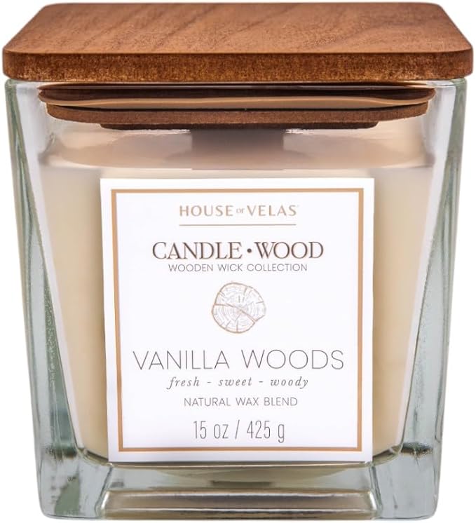 Candle Wood Collection, 15 oz, 1 Wooden Wick, Vanilla Woods, Square Glass Jar Candle