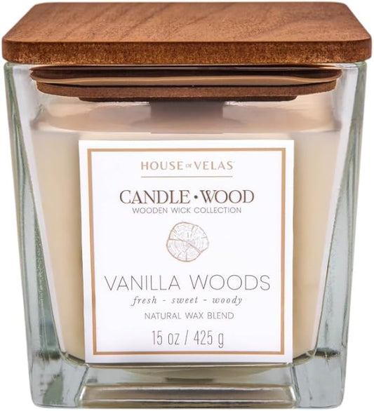 Candle Wood Collection, 15 oz, 1 Wooden Wick, Vanilla Woods, Square Glass Jar Candle