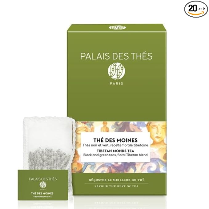 Palais des Thés - Tibetan Monks - Black & Green Tea Floral Blend - Premium Tea Bags, Serves 20 Cups
