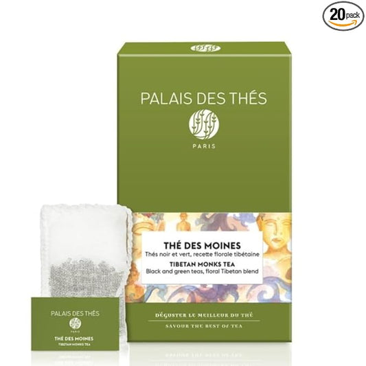Palais des Thés - Tibetan Monks - Black & Green Tea Floral Blend - Premium Tea Bags, Serves 20 Cups