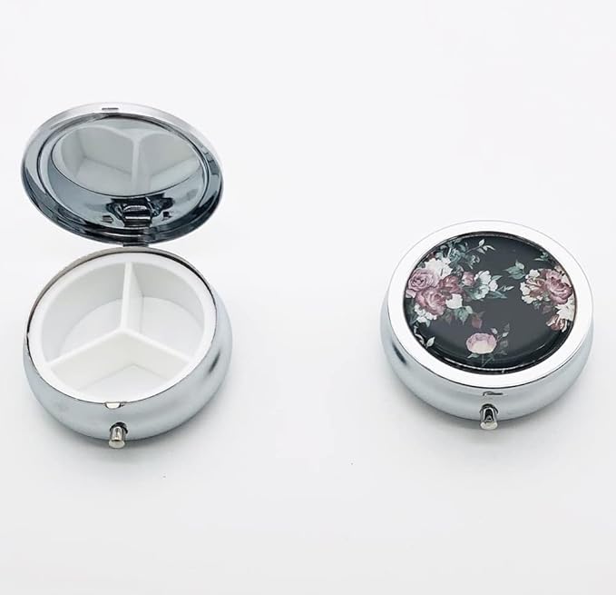 Beautiful Retro Flowers Pill Box Purse Pocket Small Round Silver Pill Case Decorative Box Metal Medicine Vitamin Pill Organizer Portable Unique Gift