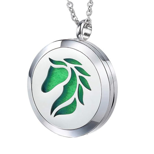 Essential Oil Diffuser Necklace Aromatherapy Jewelry Stainless Steel Horse Animal Locket Pendant with 24 inch Chain 8 Pads Birthday Christmas Jewelry Gift for Women Men