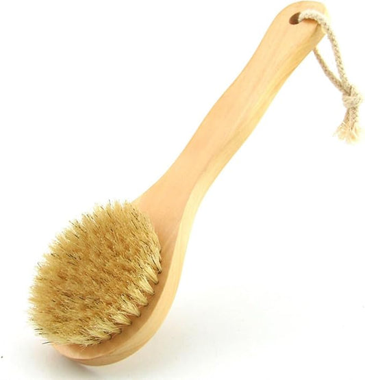 9.84 Inch Dry Body Brush Back Scrubber, Wooden Short Handle Natural Bristles Bath & Shower Brush.