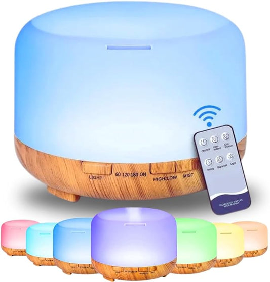 500ml Home/Office Aroma Diffuser with Multi-Color Lighting for Night Stand, Desk, Table, Essential & Fragrant Oil Vaporizer, Remote Control, Timer & Auto-Off Switch, Brown, Premium