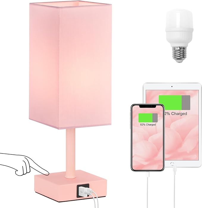 Ambimall Touch Control Table Lamp with USB A+C Charging Ports - 3 Way Touch Lamps Bedside, Nightstand Lamp for Bedrooms, LED Bulb Included(Pink Shade & Pink Base)