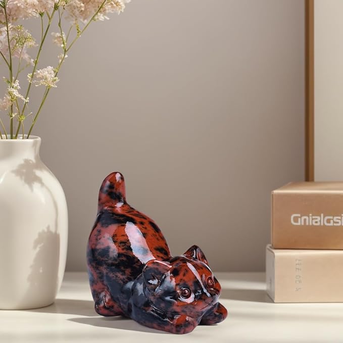 Red Obsidian Cat Crystal Statue Healing Crystal Reiki Meditation Pocket Gem Guardian Sculpture Home Study Table Desk Decor Collection Gift for Loved Ones