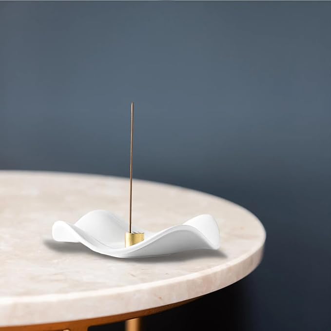 6.7 "Ceramic Incense Burner for Incense/Coil,Wavy Base with Brass -Incense Holder for Sticks,with Ash Catching Bowl for Meditation Yoga and Home Decoration (White)