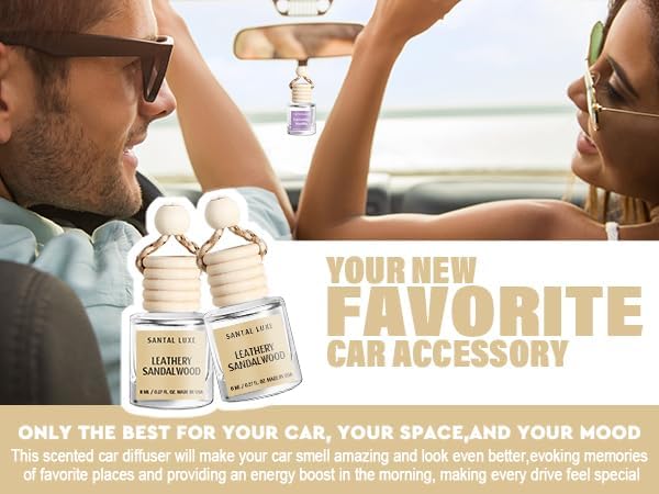 Car Air Freshener Hanging 2 Pack, Leathery Sandalwood Essential Oil Diffuser, Car Air Fresheners for Women, 45+ days Long Lasting Air Freshener for C ar, C ar accessories, Made in USA