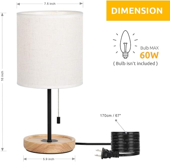 HAITRAL Bedside Table Lamp - Modern Nightstand Lamp with Linen Fabric Shade Wooden Desk Lamps for Bedrooms, Office, College Dorm, Dinning Room, Girls Room - 16 Inches (HT-AD005)