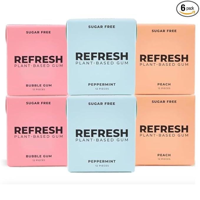 Refresh Gum, Xylitol, Sugar Free, Natural, Chewing Gum, Natural Flavors & Organic Ingredients, Plant-Based, Non GMO, Gluten Free, Vegan, Peppermint, Bubble Gum & Peach, 12 Pcs, 6 Pack
