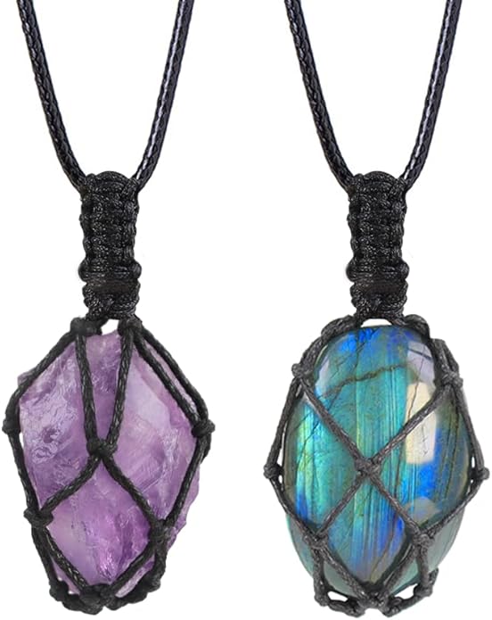 Handmade Natural Gemstone Crystal Pendant Necklace Stone Holder Necklace Cord Net Necklace with Adjustable Length for Women Men